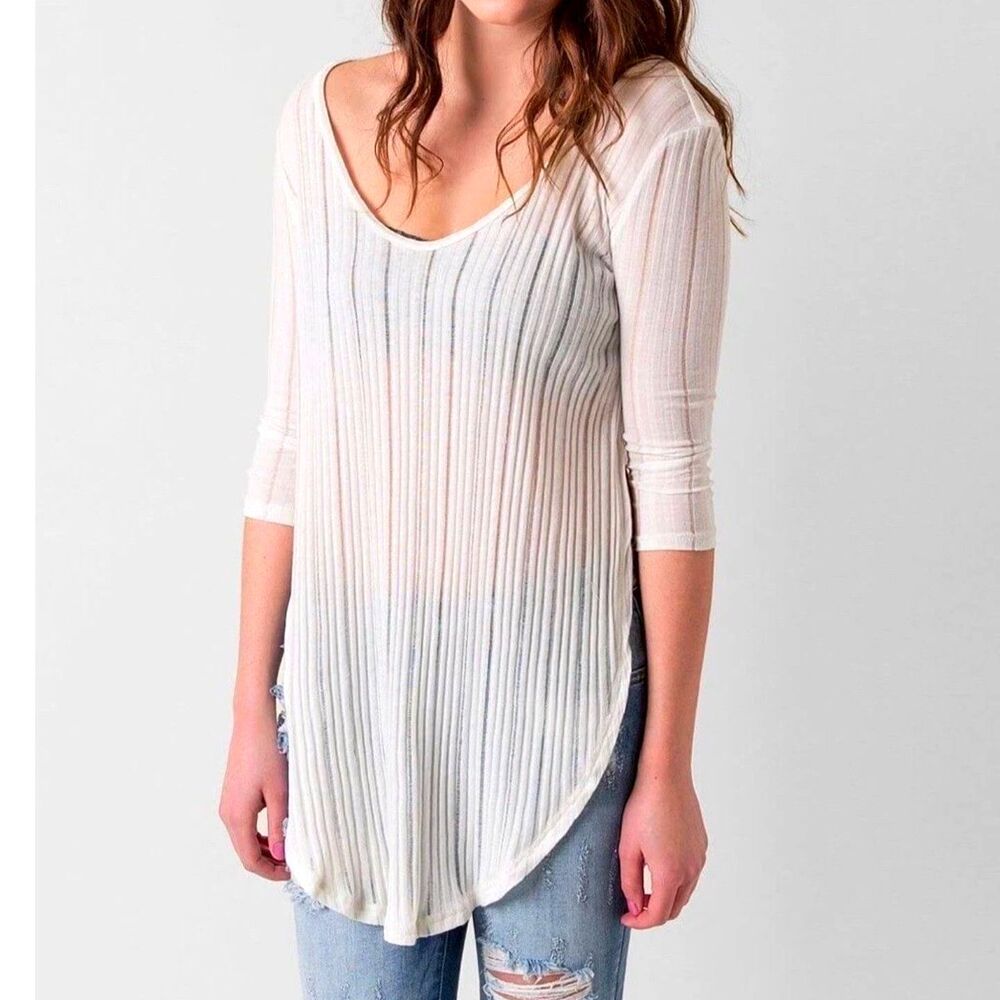 FP We The Free Ribbed Drop Needle Knit Side Slit Open Back Sheer Tunic Top XS